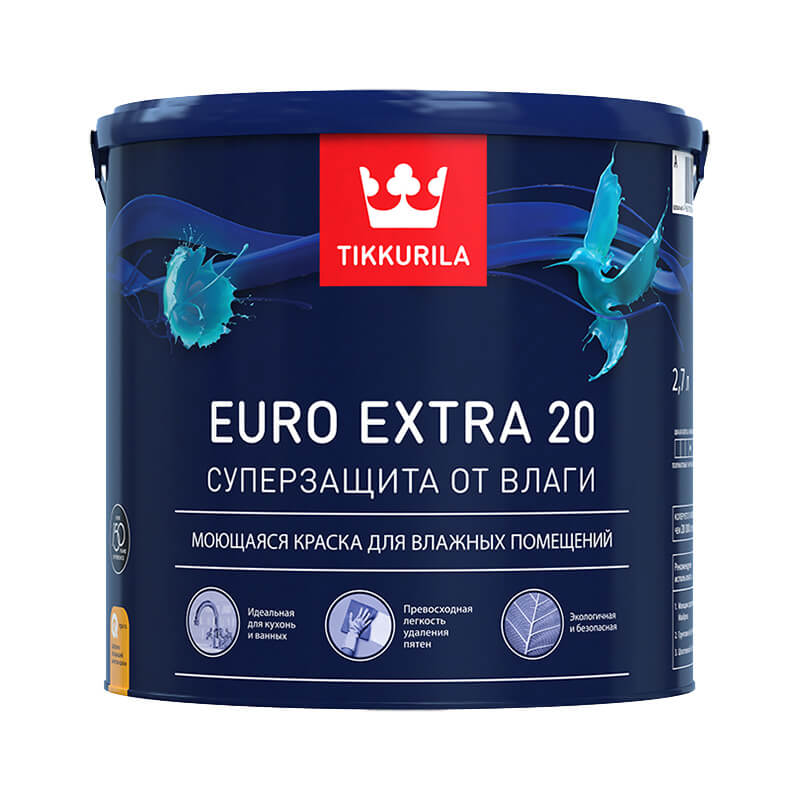 Краска для влажных помещений Tikkurila Euro Extra 20 С полуматовая (2,7 л)